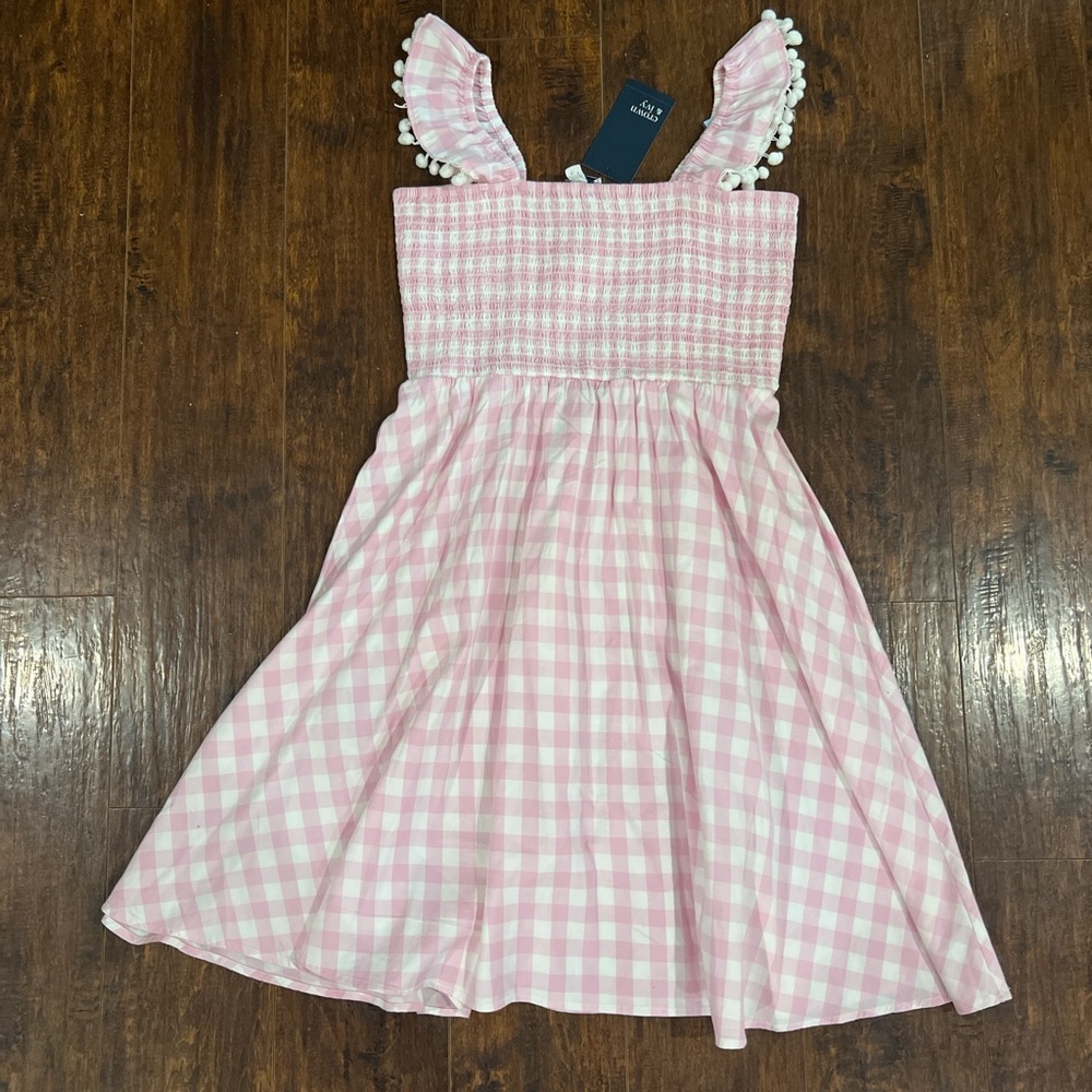 Smocked Pink Gingham Sundress with Pom-Trim Straps - Picture 1 of 5